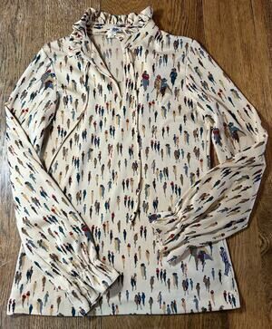 Vintage Mardi Modes NYC Tan Blouse People Strolling Ruffle Neck + Tie Sz 10